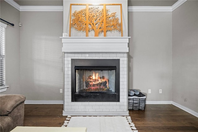 1320 Lariat Dr, Centerton, AR 72719 - detailed view of ornamental molding, wood finished floors, baseboards, and a lit fireplace