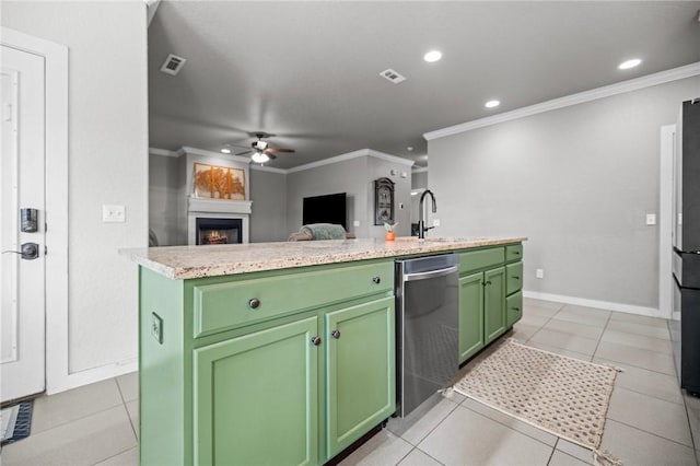 1320 Lariat Dr, Centerton, AR 72719 - kitchen with green cabinets, dishwasher, ornamental molding, a ceiling fan, and a warm lit fireplace