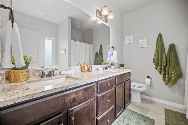 1320 Lariat Dr, Centerton, AR 72719 - full bath with double vanity, toilet, baseboards, tile patterned floors, and curtained shower