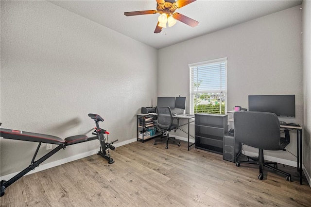 1320 Lariat Dr, Centerton, AR 72719 - office area featuring wood finished floors, a ceiling fan, and baseboards