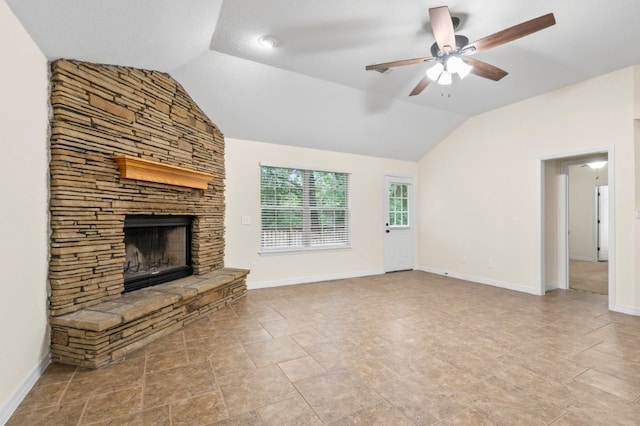 12305 Tyson Rd, Lowell, AR 72745 - unfurnished living room with lofted ceiling, ceiling fan, and a fireplace