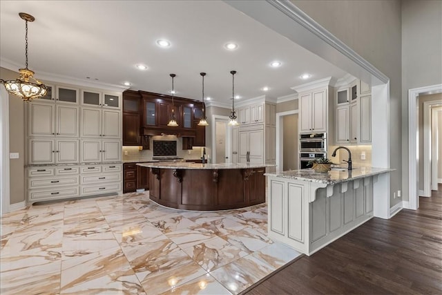 4465 Champagne Dr, Springdale, AR 72764 - kitchen featuring a kitchen breakfast bar, ornamental molding, decorative backsplash, stainless steel double oven, and a sink
