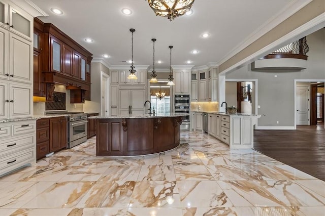 4465 Champagne Dr, Springdale, AR 72764 - kitchen with stainless steel appliances, a breakfast bar, ornamental molding, tasteful backsplash, and a chandelier