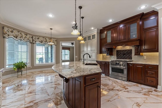 4465 Champagne Dr, Springdale, AR 72764 - kitchen featuring stainless steel stove, a sink, light marble finish flooring, crown molding, and backsplash