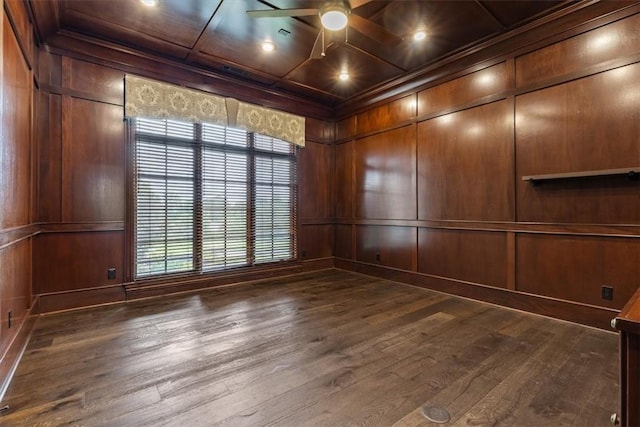 4465 Champagne Dr, Springdale, AR 72764 - unfurnished room with a ceiling fan, wooden ceiling, dark wood finished floors, a decorative wall, and crown molding