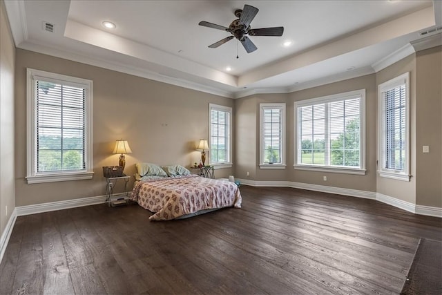 4465 Champagne Dr, Springdale, AR 72764 - bedroom featuring dark wood-style floors, a tray ceiling, baseboards, multiple windows, and recessed lighting