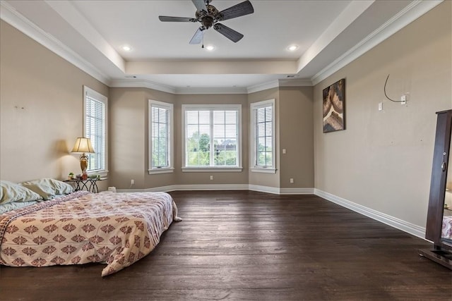 4465 Champagne Dr, Springdale, AR 72764 - bedroom with multiple windows, dark wood-style floors, baseboards, a raised ceiling, and recessed lighting