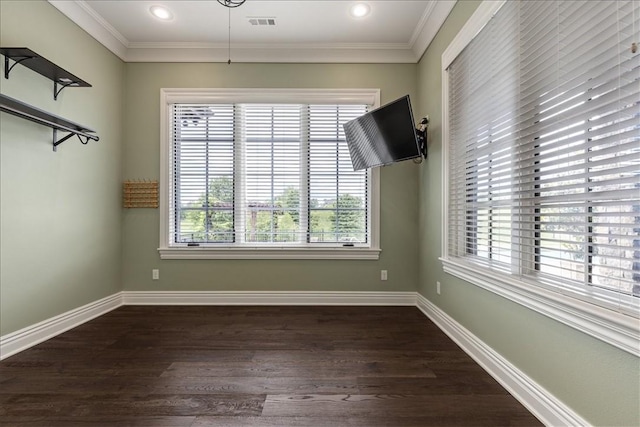 4465 Champagne Dr, Springdale, AR 72764 - unfurnished dining area with ornamental molding, dark wood-style flooring, baseboards, and recessed lighting