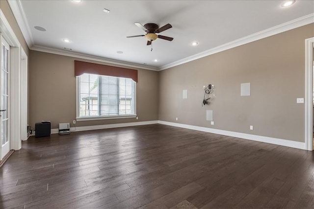 4465 Champagne Dr, Springdale, AR 72764 - spare room featuring a ceiling fan, dark wood-style flooring, crown molding, baseboards, and recessed lighting