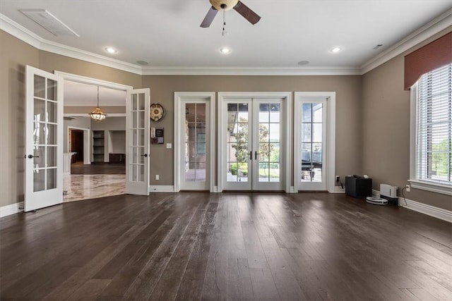 4465 Champagne Dr, Springdale, AR 72764 - unfurnished living room featuring french doors, dark wood-style floors, a ceiling fan, baseboards, and ornamental molding