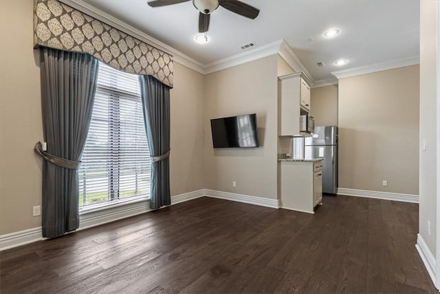 4465 Champagne Dr, Springdale, AR 72764 - unfurnished living room with baseboards, crown molding, dark wood-style floors, and ceiling fan