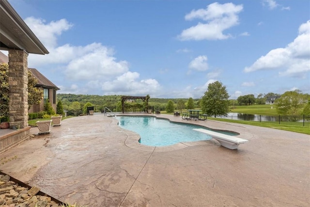 4465 Champagne Dr, Springdale, AR 72764 - view of swimming pool with a patio, a diving board, and a water view
