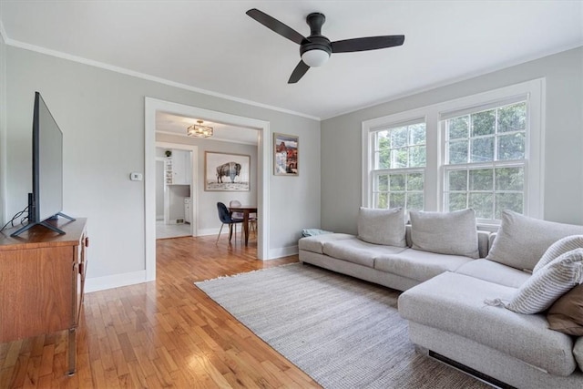 626 Ash St, Fayetteville, AR 72703 - living room with light wood finished floors, crown molding, a ceiling fan, baseboards, and a chandelier