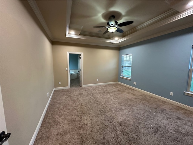 5749 S Chanberry Ln, Rogers, AR 72758 - carpeted spare room with crown molding, a tray ceiling, ceiling fan, and baseboards