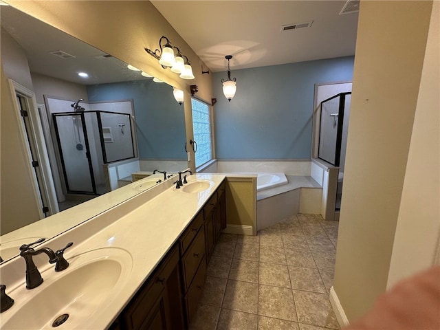 5749 S Chanberry Ln, Rogers, AR 72758 - full bathroom featuring a stall shower, a garden tub, double vanity, and tile patterned flooring