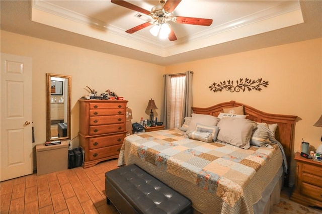 925 Lowell Ave, Cave Springs, AR 72718 - bedroom with a raised ceiling, crown molding, light wood finished floors, and ceiling fan