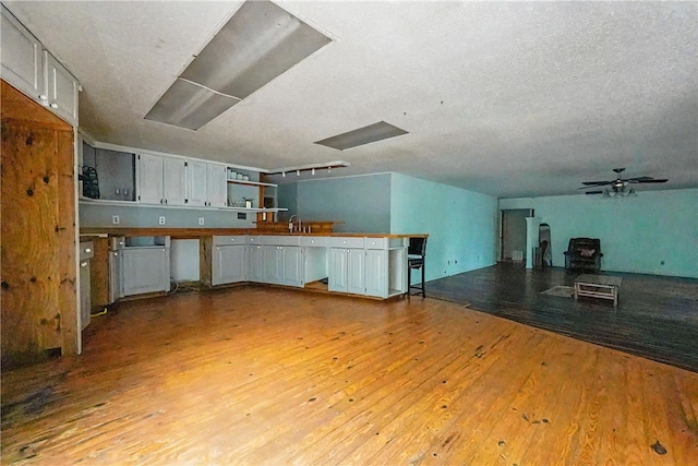 10703 Thunder Rd, Fayetteville, AR 72701 - kitchen featuring light wood-style floors, open shelves, a textured ceiling, ceiling fan, and white cabinetry