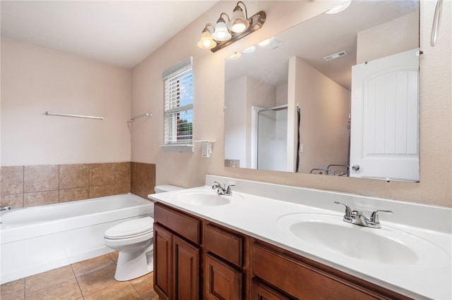 1503 W Kelley Dr, Rogers, AR 72756 - bathroom featuring a shower with door, tile patterned floors, double vanity, a bath, and toilet