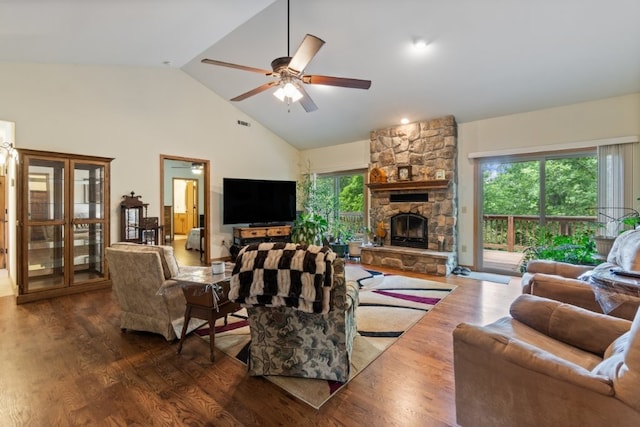 4 Torrido Ln, Bella Vista, AR 72715 - living room with wood finished floors, high vaulted ceiling, ceiling fan, and a stone fireplace