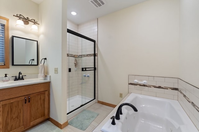 4 Torrido Ln, Bella Vista, AR 72715 - bathroom with a stall shower, a whirlpool tub, baseboards, and vanity