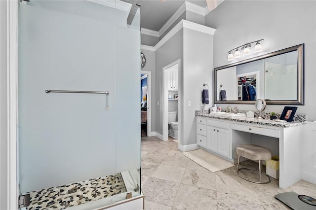 7 W Leiston Dr, Rogers, AR 72758 - full bathroom with ornamental molding, toilet, a stall shower, vanity, and a spacious closet