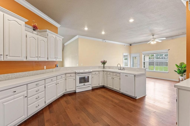1750 Lancaster Dr, Springdale, AR 72762 - kitchen featuring white appliances, crown molding, a sink, ceiling fan, and dark wood-type flooring