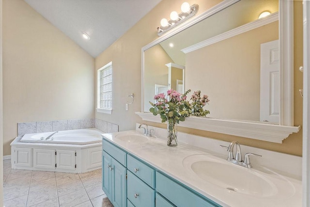 1750 Lancaster Dr, Springdale, AR 72762 - full bathroom featuring vaulted ceiling, double vanity, and a bath