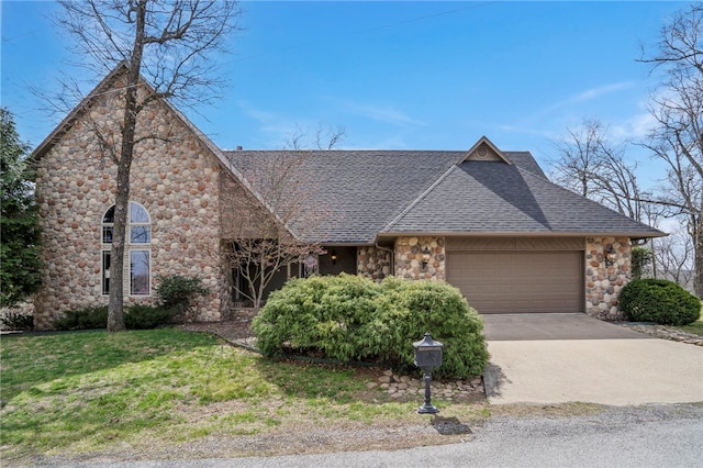 8093 Rockwood Ln, Rogers, AR 72756 - view of front of home featuring stone siding, a garage, a shingled roof, concrete driveway, and a front yard