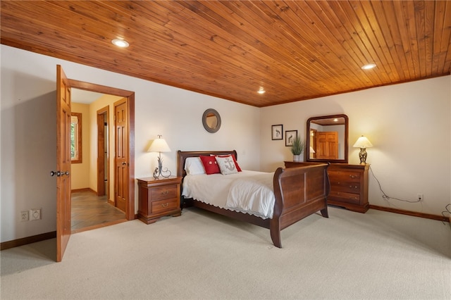 8093 Rockwood Ln, Rogers, AR 72756 - bedroom with light carpet, wooden ceiling, recessed lighting, and baseboards