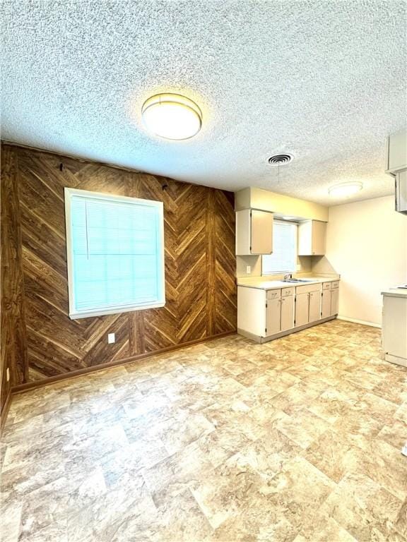 29 5th Ave, Dardanelle, AR 72834 - kitchen featuring wooden walls, a sink, light countertops, and a textured ceiling