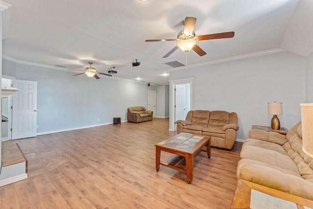 4206 NE Kenton Ave, Bentonville, AR 72712 - living area featuring a ceiling fan, light wood-style floors, crown molding, and baseboards
