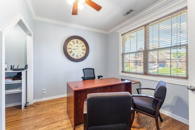 4206 NE Kenton Ave, Bentonville, AR 72712 - office space with light wood-style floors, baseboards, ceiling fan, and crown molding