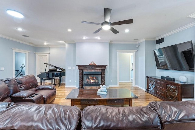 4206 NE Kenton Ave, Bentonville, AR 72712 - living room featuring wood finished floors, ceiling fan, recessed lighting, a high end fireplace, and baseboards