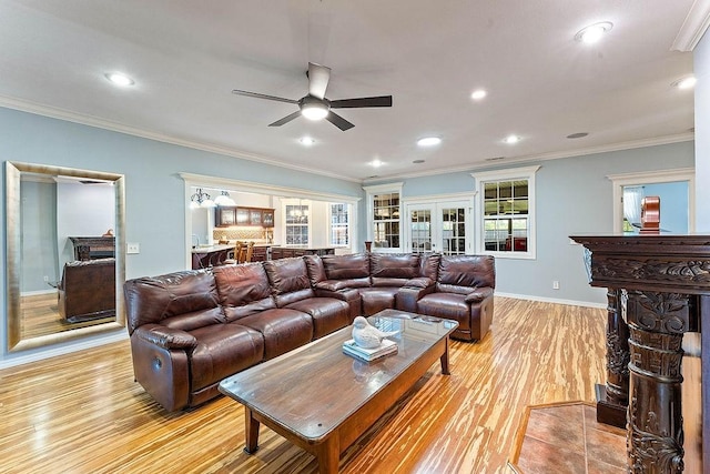 4206 NE Kenton Ave, Bentonville, AR 72712 - living room featuring ceiling fan, recessed lighting, light wood finished floors, crown molding, and baseboards