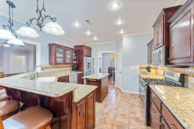 4206 NE Kenton Ave, Bentonville, AR 72712 - kitchen featuring appliances with stainless steel finishes, a sink, decorative backsplash, ornamental molding, and glass insert cabinets