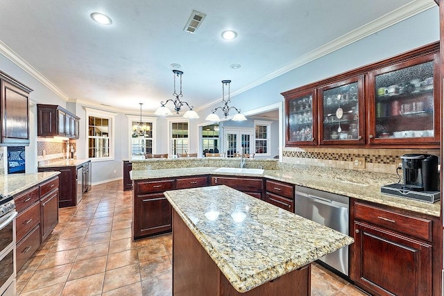4206 NE Kenton Ave, Bentonville, AR 72712 - kitchen with stainless steel appliances, a sink, a peninsula, backsplash, and ornamental molding