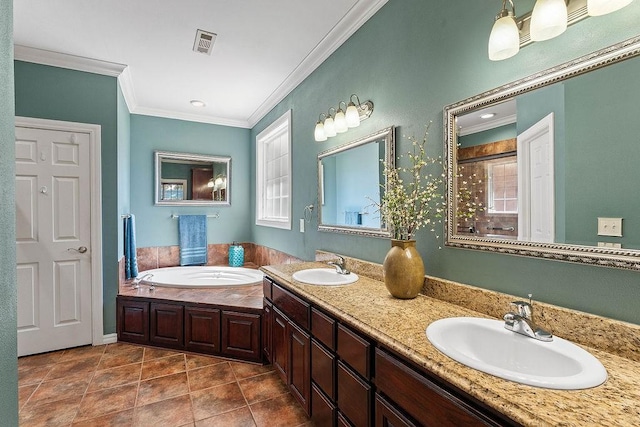4206 NE Kenton Ave, Bentonville, AR 72712 - bathroom with crown molding, a garden tub, double vanity, plenty of natural light, and a shower