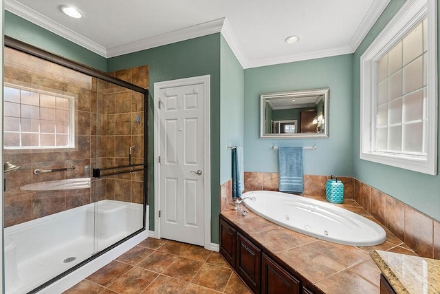 4206 NE Kenton Ave, Bentonville, AR 72712 - bathroom featuring a jetted tub, a shower stall, crown molding, and tile patterned flooring