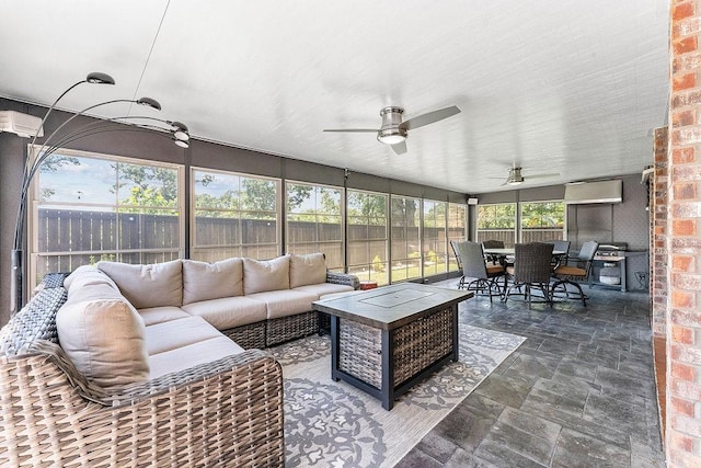 4206 NE Kenton Ave, Bentonville, AR 72712 - sunroom with outdoor lounge area, a ceiling fan, and outdoor dining space