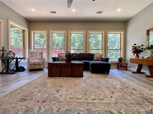 10059 Birdie St, Dardanelle, AR 72834 - living room with wood finished floors, healthy amount of natural light, a ceiling fan, and recessed lighting
