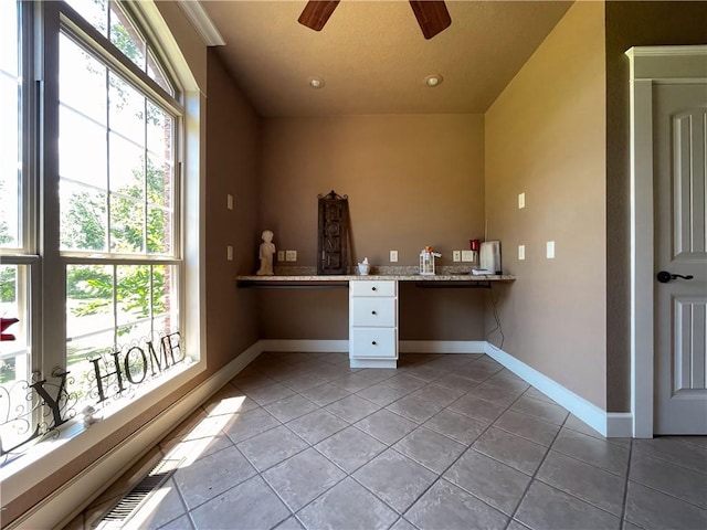 10059 Birdie St, Dardanelle, AR 72834 - unfurnished office featuring a ceiling fan, light tile patterned floors, built in study area, baseboards, and recessed lighting