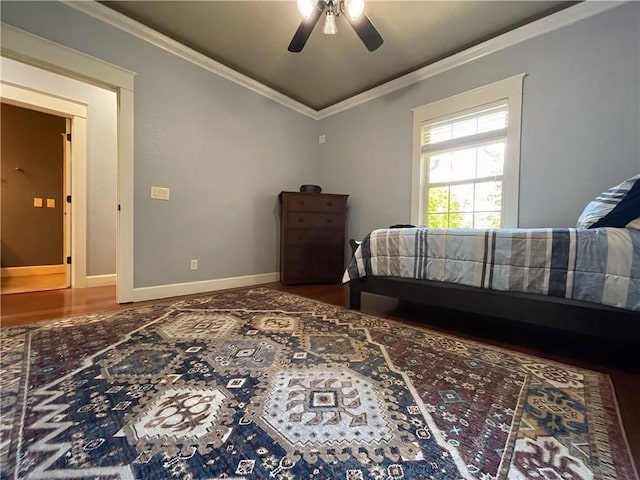 10059 Birdie St, Dardanelle, AR 72834 - bedroom featuring ornamental molding, baseboards, wood finished floors, and a ceiling fan