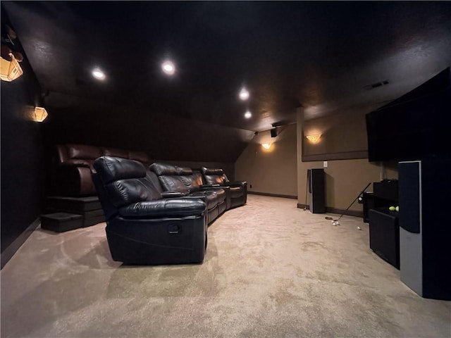 10059 Birdie St, Dardanelle, AR 72834 - cinema room featuring light colored carpet, baseboards, vaulted ceiling, and recessed lighting