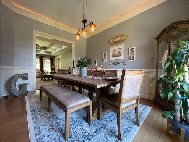 10059 Birdie St, Dardanelle, AR 72834 - dining room with ornamental molding, a tray ceiling, hardwood / wood-style flooring, and wainscoting