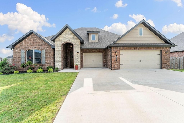 1904 Bergman Rd, Pea Ridge, AR 72751 - french country home with brick siding, a front yard, concrete driveway, roof with shingles, and a garage