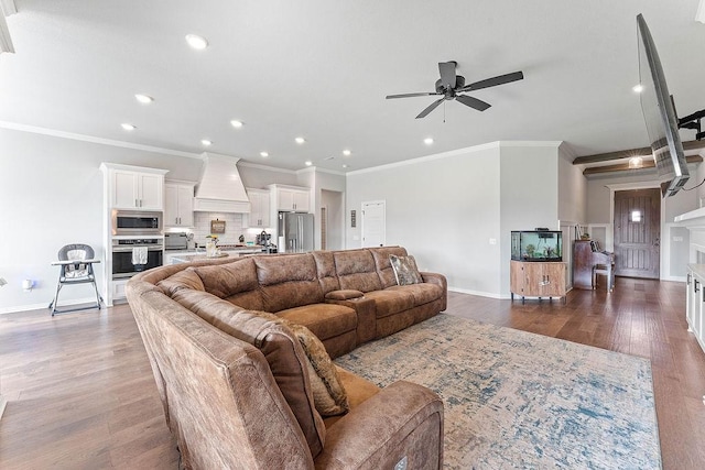 1904 Bergman Rd, Pea Ridge, AR 72751 - living room with a ceiling fan, ornamental molding, recessed lighting, dark wood finished floors, and baseboards