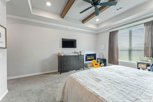 1904 Bergman Rd, Pea Ridge, AR 72751 - carpeted bedroom with baseboards, beamed ceiling, recessed lighting, and ceiling fan