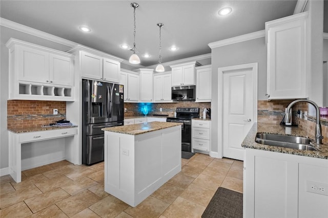236 Ranalli Ave, Springdale, AR 72762 - kitchen featuring black appliances, backsplash, white cabinetry, ornamental molding, and recessed lighting