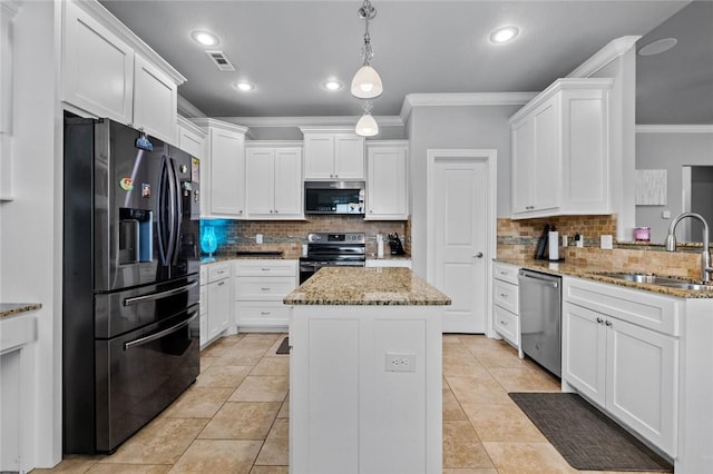 236 Ranalli Ave, Springdale, AR 72762 - kitchen with appliances with stainless steel finishes, crown molding, decorative backsplash, white cabinetry, and light stone countertops