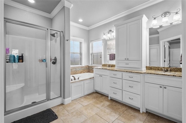 236 Ranalli Ave, Springdale, AR 72762 - bathroom with ornamental molding, a shower stall, double vanity, a garden tub, and tile patterned floors